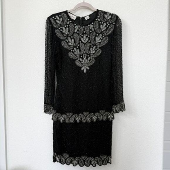 LAURENCE KAZAR Beaded Sequin Cocktail Dress Black Silk PP Vintage Glam Party